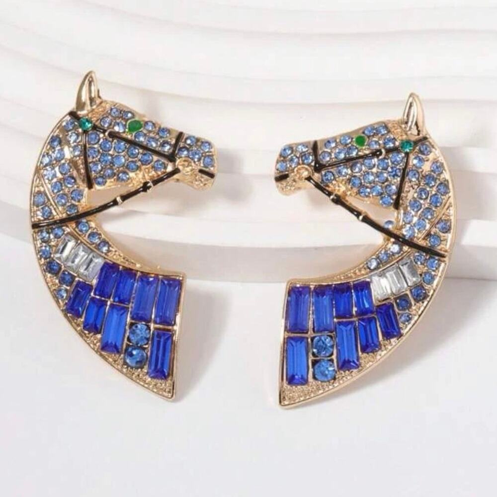 Horse Head Blue Rhinestone Stud Earrings*